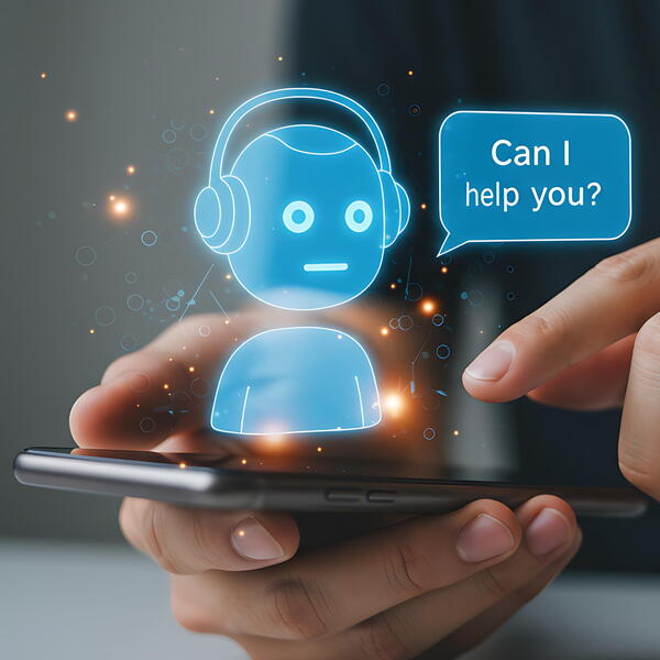 Chatbot-Figur mit Sprechblase auf einem Smartphone